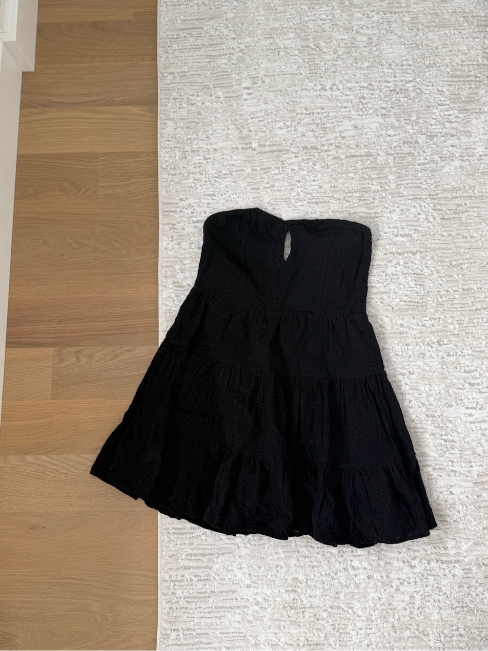 American Threads Black Strapless Tiered Eyelet Mini Dress